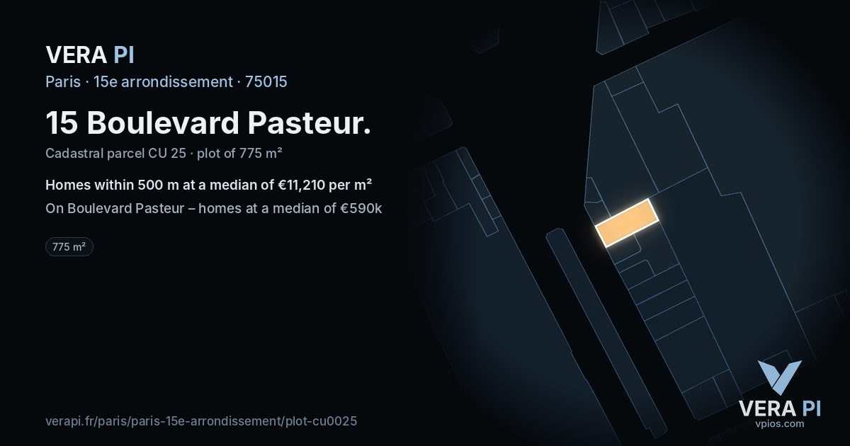15 Boulevard Pasteur, 15e arrondissement at night – the plot lit, the parcels around coloured by the prices near them