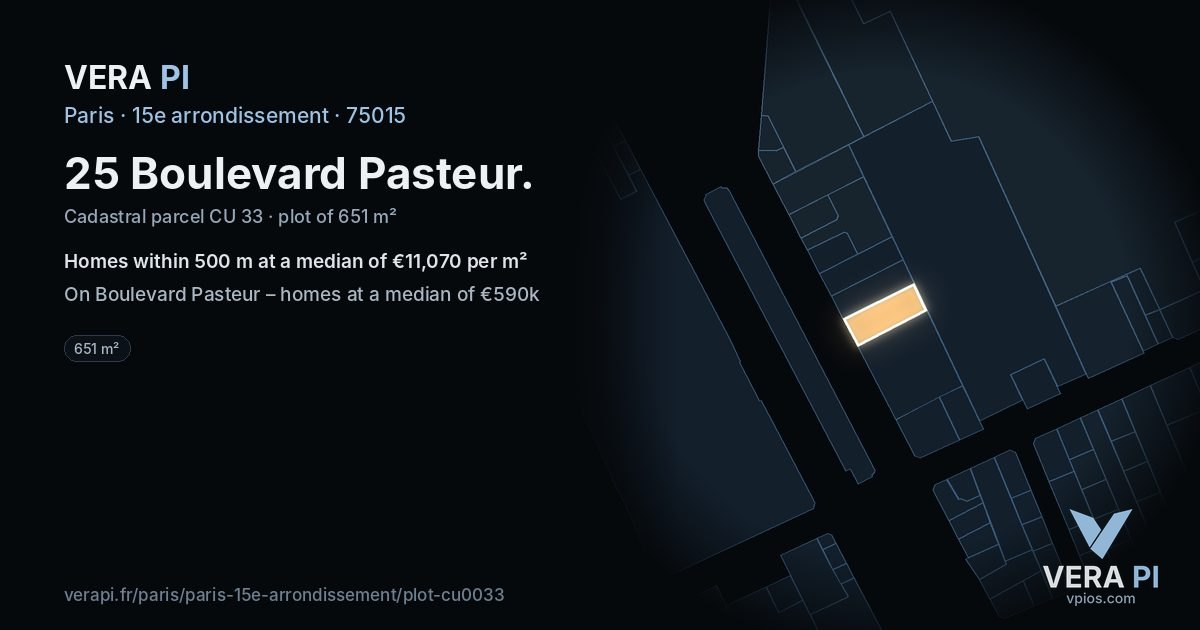 25 Boulevard Pasteur, 15e arrondissement at night – the plot lit, the parcels around coloured by the prices near them