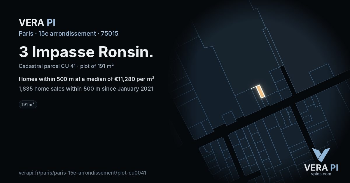 3 Impasse Ronsin, 15e arrondissement at night – the plot lit, the parcels around coloured by the prices near them