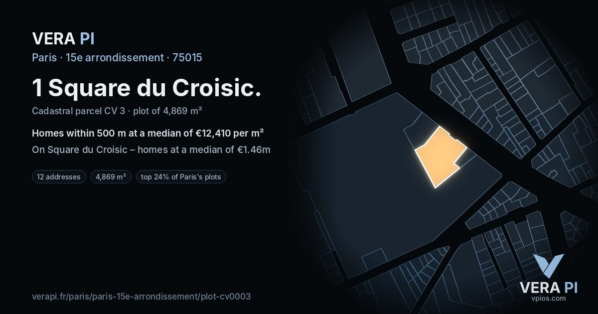 1 Square du Croisic, 15e arrondissement at night – the plot lit, the parcels around coloured by the prices near them