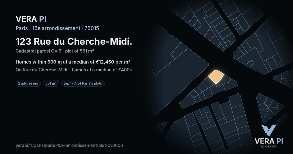 123 Rue du Cherche-Midi, 15e arrondissement at night – the plot lit, the parcels around coloured by the prices near them