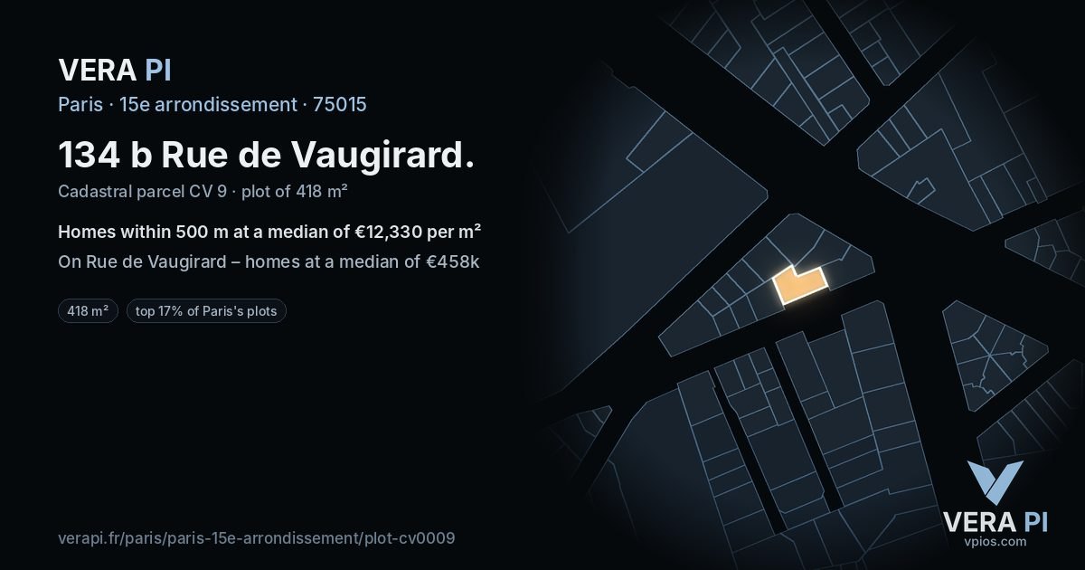 134 b Rue de Vaugirard, 15e arrondissement at night – the plot lit, the parcels around coloured by the prices near them