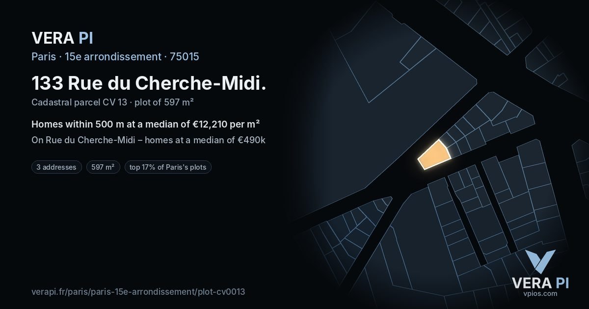 133 Rue du Cherche-Midi, 15e arrondissement at night – the plot lit, the parcels around coloured by the prices near them