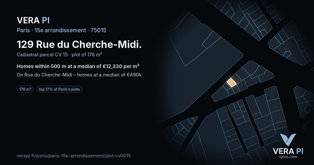 129 Rue du Cherche-Midi, 15e arrondissement at night – the plot lit, the parcels around coloured by the prices near them