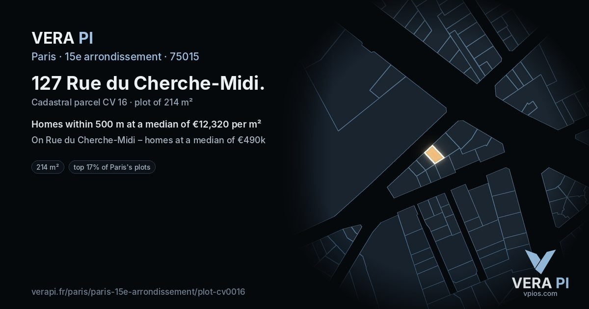127 Rue du Cherche-Midi, 15e arrondissement at night – the plot lit, the parcels around coloured by the prices near them