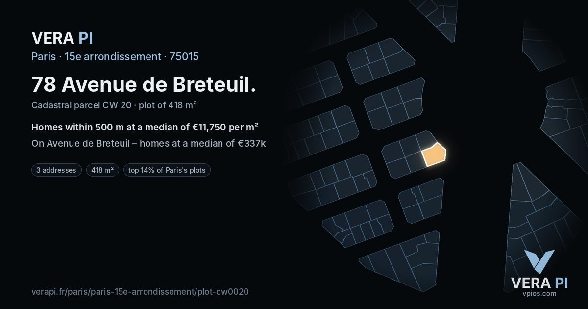78 Avenue de Breteuil, 15e arrondissement at night – the plot lit, the parcels around coloured by the prices near them
