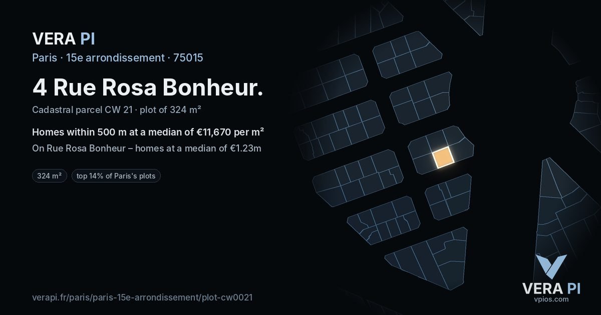 4 Rue Rosa Bonheur, 15e arrondissement at night – the plot lit, the parcels around coloured by the prices near them