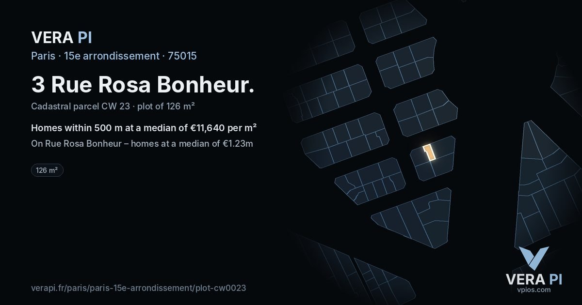 3 Rue Rosa Bonheur, 15e arrondissement at night – the plot lit, the parcels around coloured by the prices near them