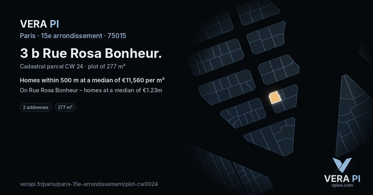 3 b Rue Rosa Bonheur, 15e arrondissement at night – the plot lit, the parcels around coloured by the prices near them