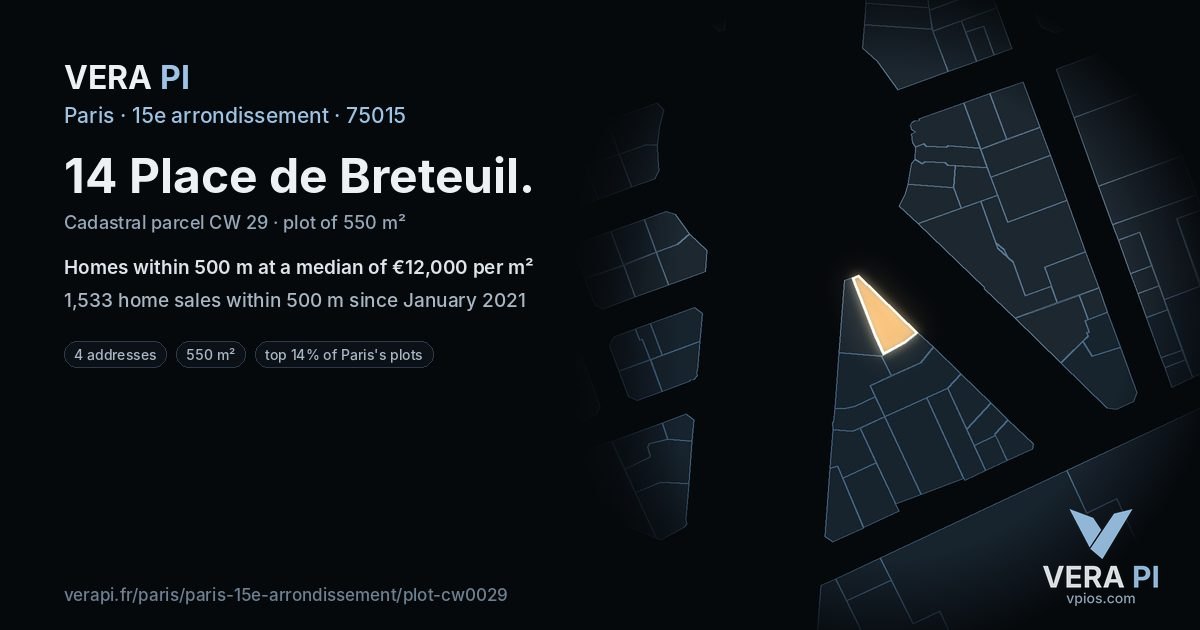 14 Place de Breteuil, 15e arrondissement at night – the plot lit, the parcels around coloured by the prices near them
