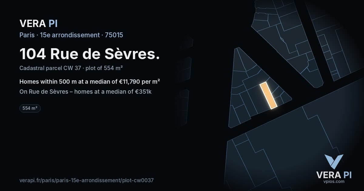 104 Rue de Sèvres, 15e arrondissement at night – the plot lit, the parcels around coloured by the prices near them
