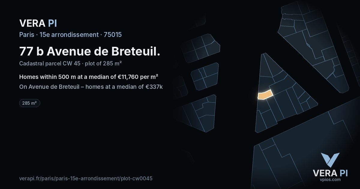 77 b Avenue de Breteuil, 15e arrondissement at night – the plot lit, the parcels around coloured by the prices near them