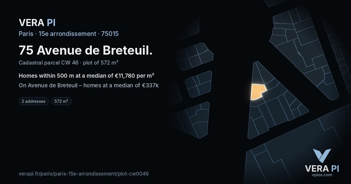 75 Avenue de Breteuil, 15e arrondissement at night – the plot lit, the parcels around coloured by the prices near them