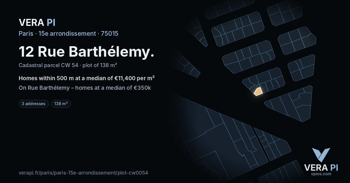 12 Rue Barthélemy, 15e arrondissement at night – the plot lit, the parcels around coloured by the prices near them