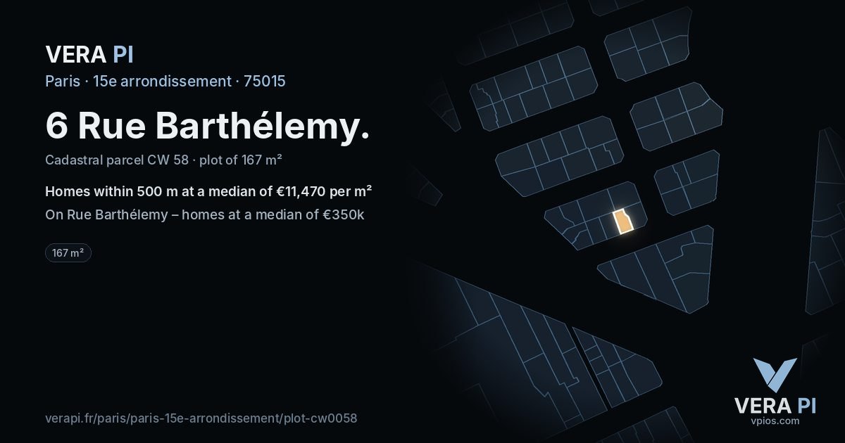 6 Rue Barthélemy, 15e arrondissement at night – the plot lit, the parcels around coloured by the prices near them