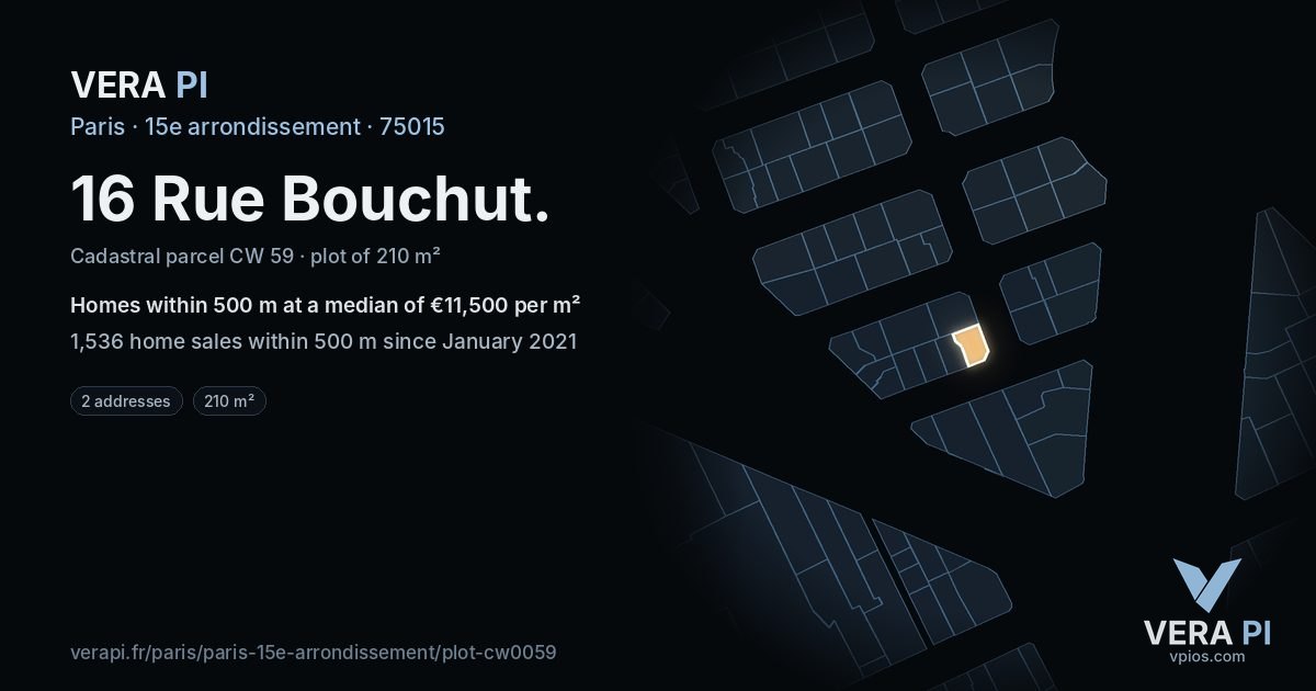 16 Rue Bouchut, 15e arrondissement at night – the plot lit, the parcels around coloured by the prices near them