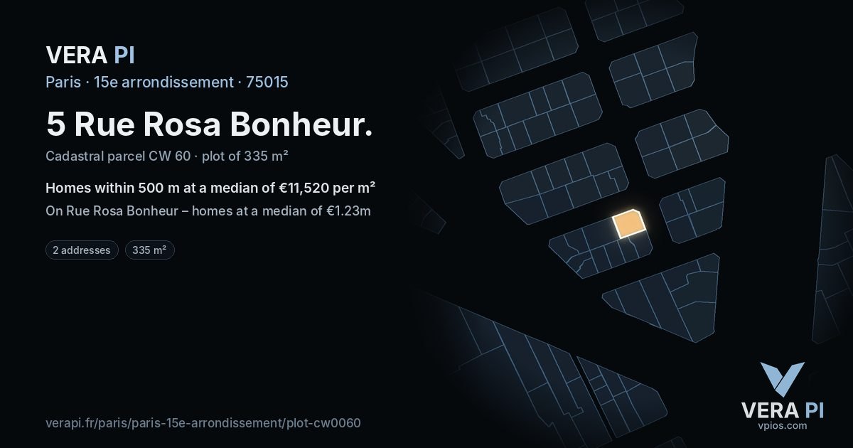 5 Rue Rosa Bonheur, 15e arrondissement at night – the plot lit, the parcels around coloured by the prices near them
