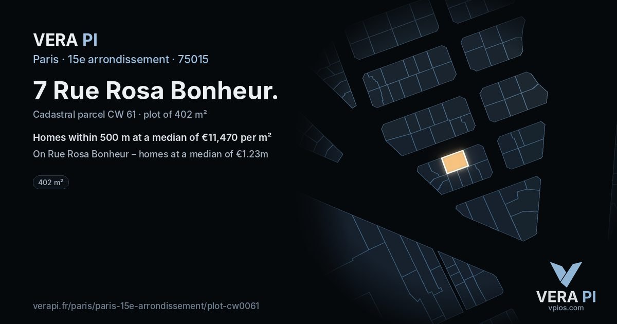 7 Rue Rosa Bonheur, 15e arrondissement at night – the plot lit, the parcels around coloured by the prices near them