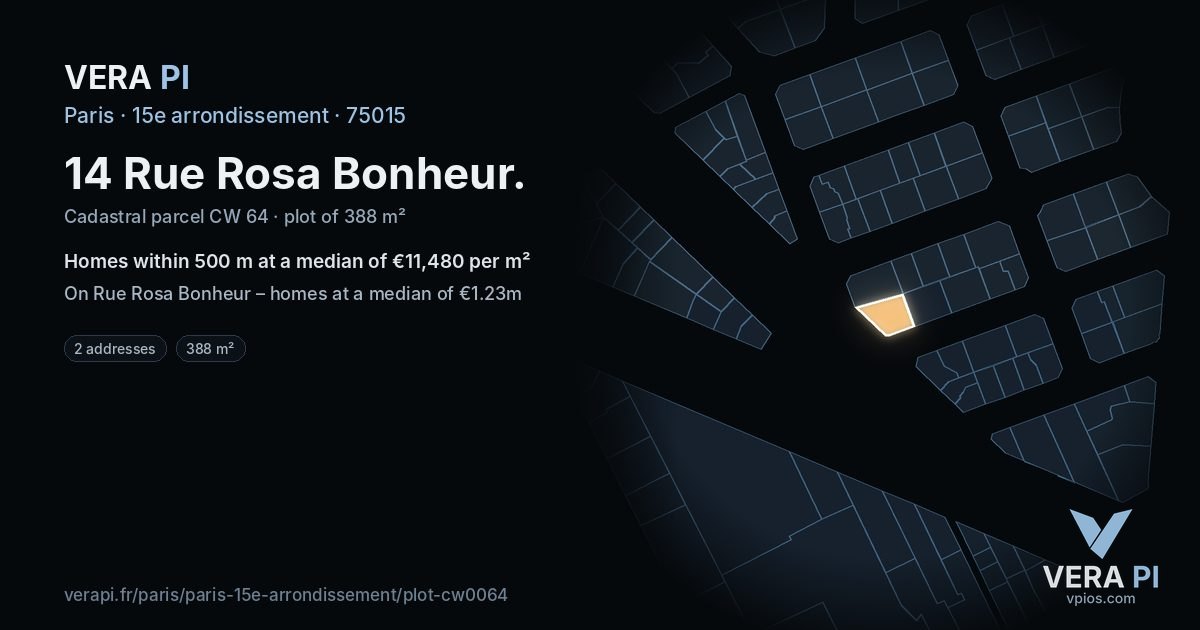 14 Rue Rosa Bonheur, 15e arrondissement at night – the plot lit, the parcels around coloured by the prices near them