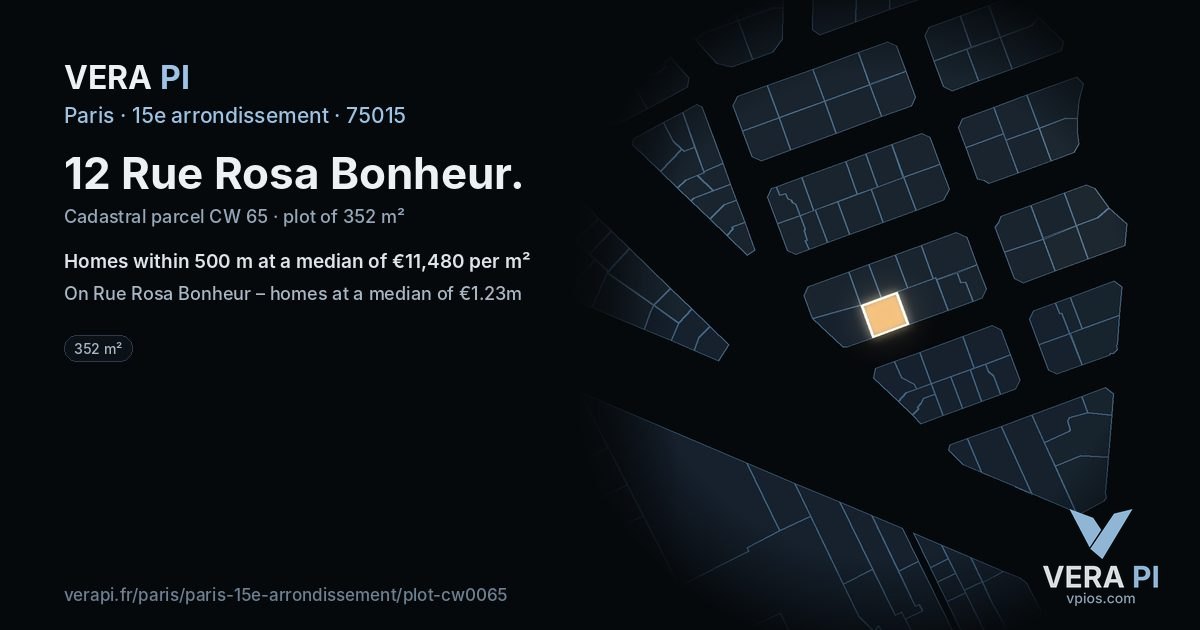 12 Rue Rosa Bonheur, 15e arrondissement at night – the plot lit, the parcels around coloured by the prices near them