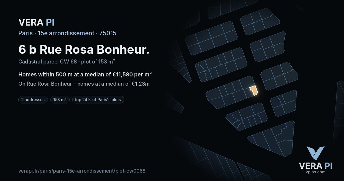 6 b Rue Rosa Bonheur, 15e arrondissement at night – the plot lit, the parcels around coloured by the prices near them