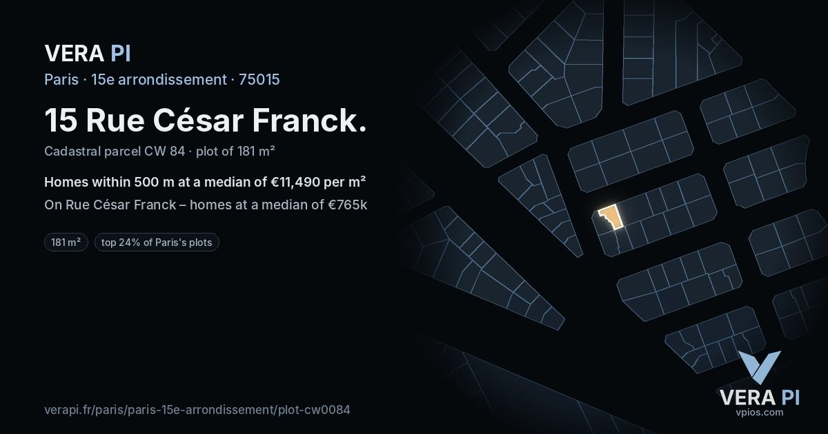 15 Rue César Franck, 15e arrondissement at night – the plot lit, the parcels around coloured by the prices near them