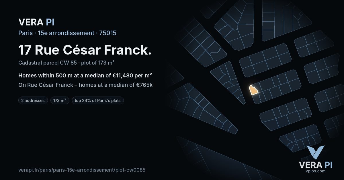 17 Rue César Franck, 15e arrondissement at night – the plot lit, the parcels around coloured by the prices near them