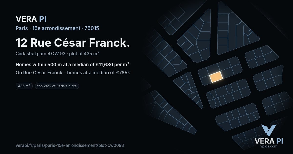 12 Rue César Franck, 15e arrondissement at night – the plot lit, the parcels around coloured by the prices near them