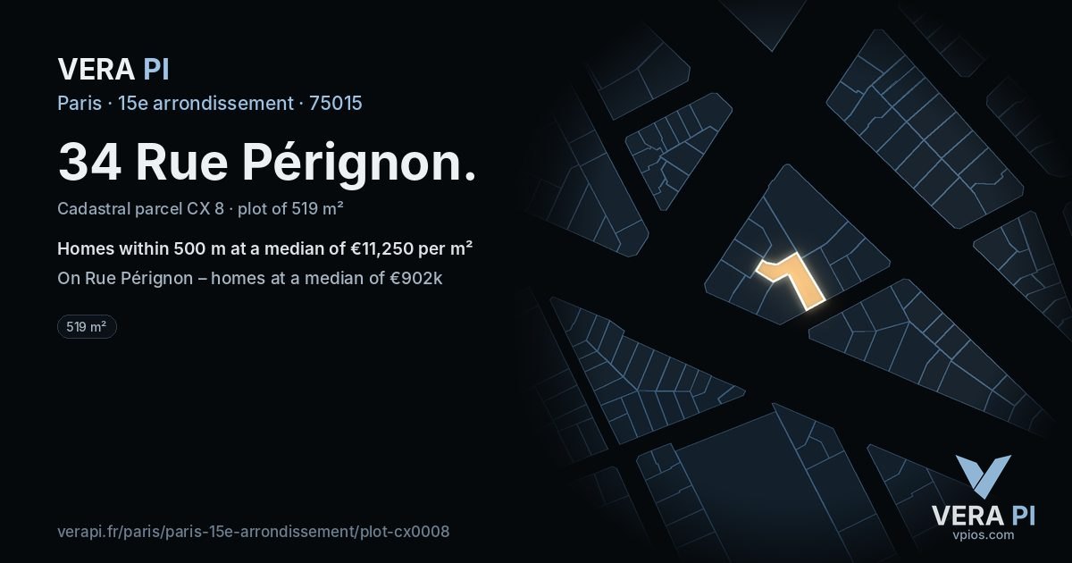 34 Rue Pérignon, 15e arrondissement at night – the plot lit, the parcels around coloured by the prices near them