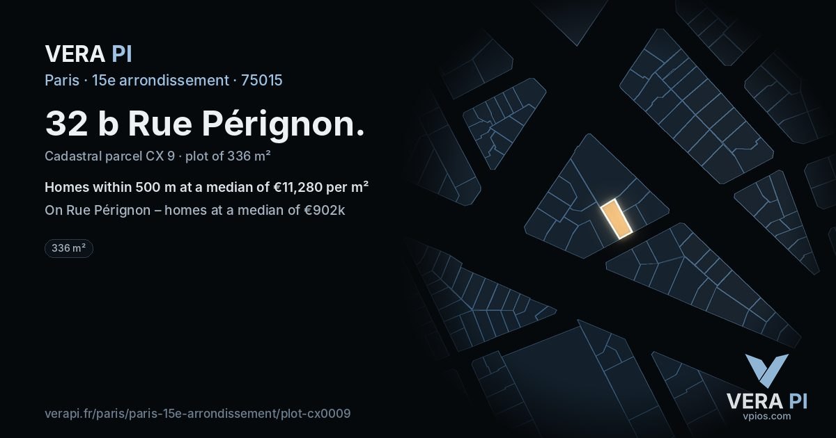 32 b Rue Pérignon, 15e arrondissement at night – the plot lit, the parcels around coloured by the prices near them