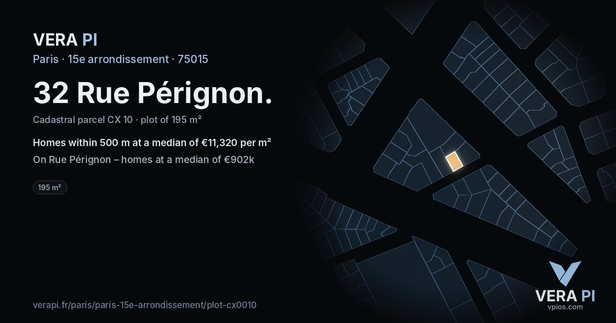 32 Rue Pérignon, 15e arrondissement at night – the plot lit, the parcels around coloured by the prices near them