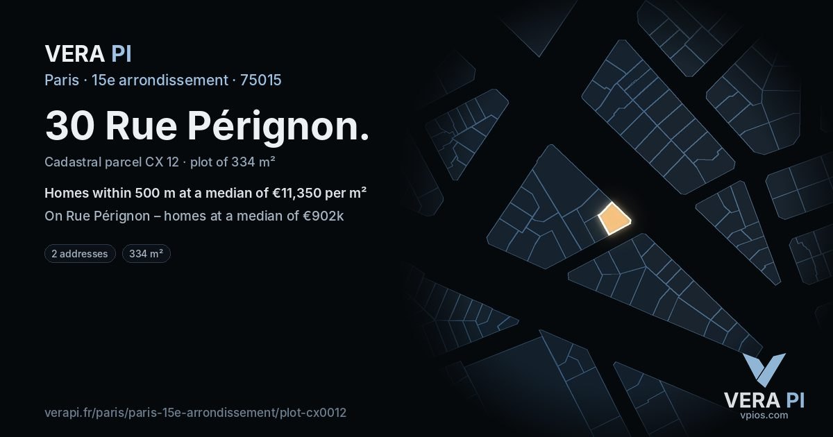 30 Rue Pérignon, 15e arrondissement at night – the plot lit, the parcels around coloured by the prices near them