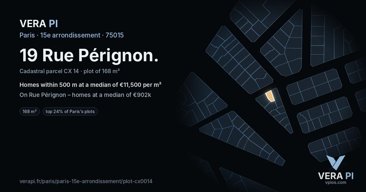 19 Rue Pérignon, 15e arrondissement at night – the plot lit, the parcels around coloured by the prices near them