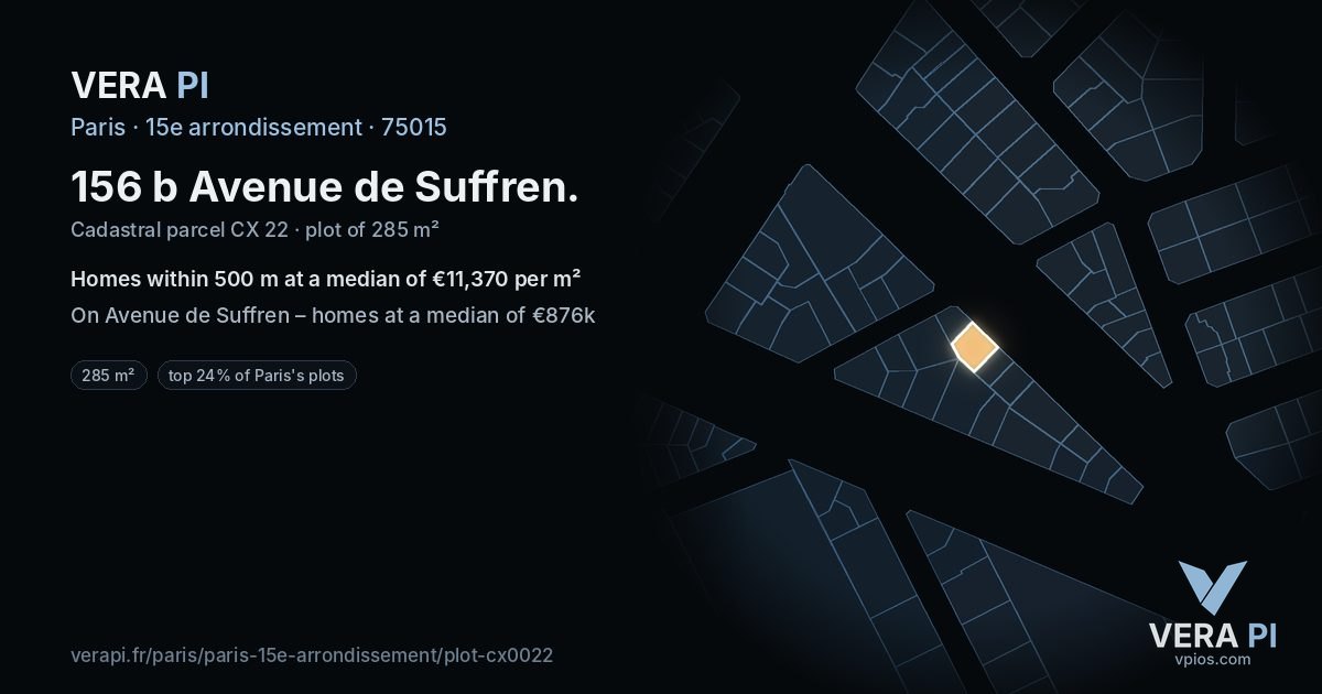 156 b Avenue de Suffren, 15e arrondissement at night – the plot lit, the parcels around coloured by the prices near them