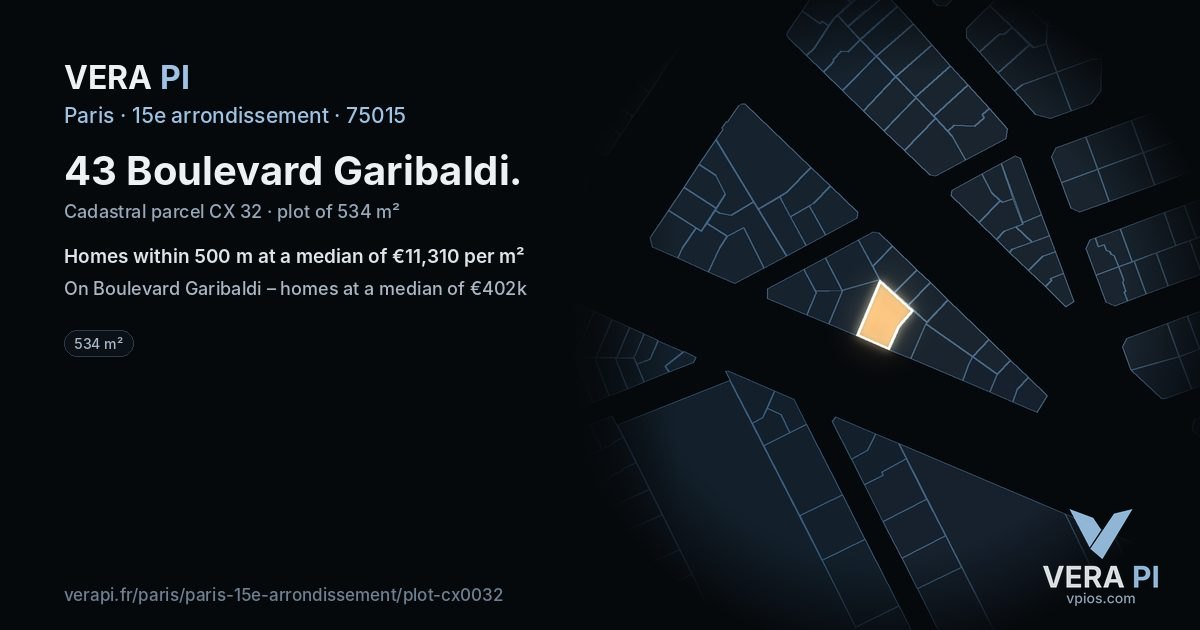 43 Boulevard Garibaldi, 15e arrondissement at night – the plot lit, the parcels around coloured by the prices near them