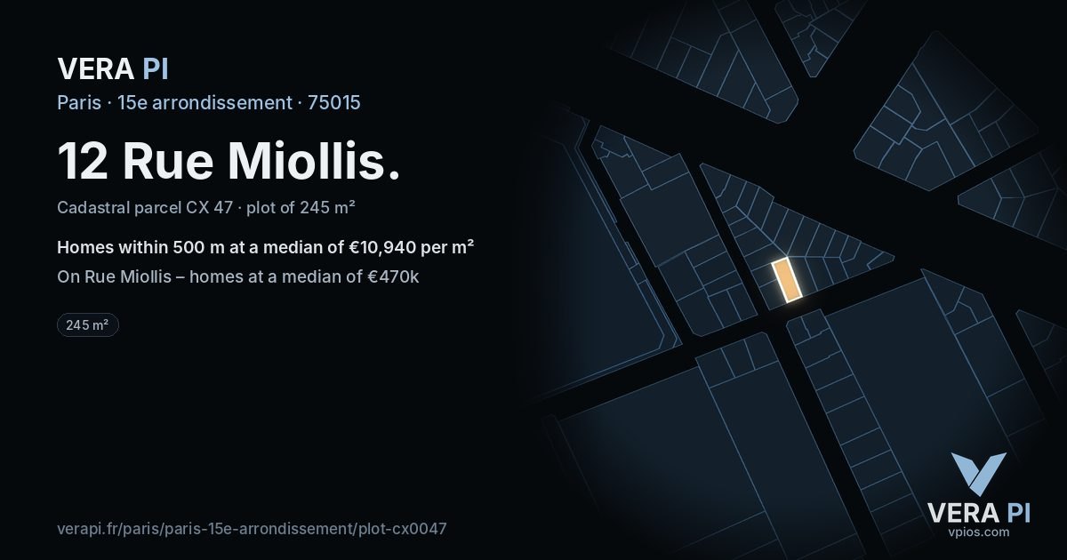 12 Rue Miollis, 15e arrondissement at night – the plot lit, the parcels around coloured by the prices near them