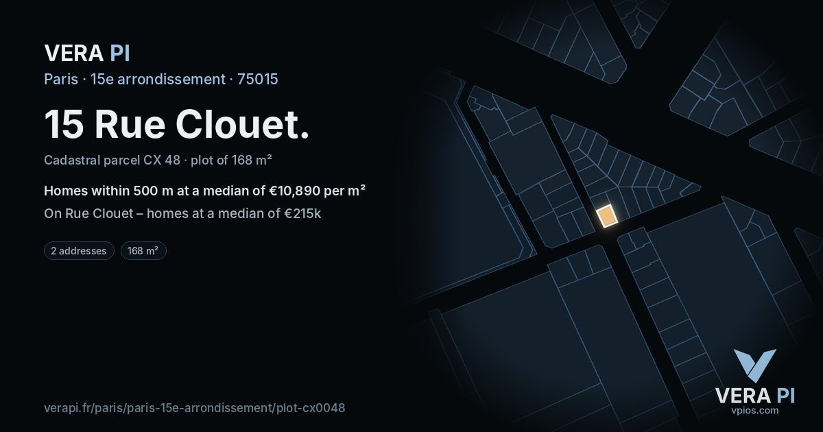 15 Rue Clouet, 15e arrondissement at night – the plot lit, the parcels around coloured by the prices near them