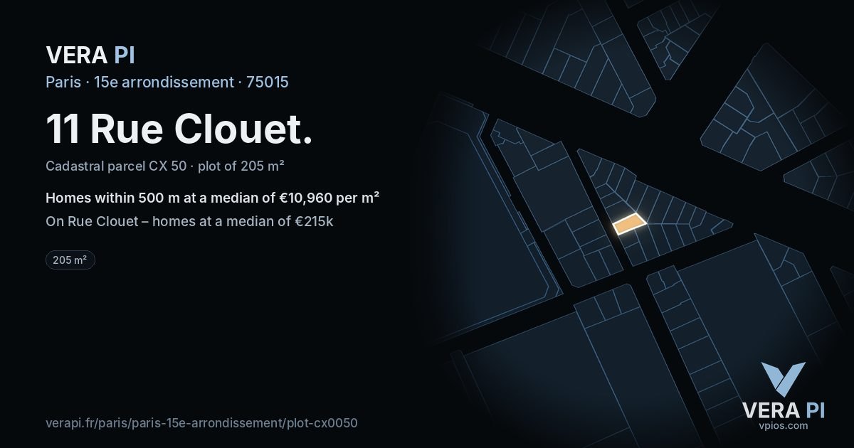 11 Rue Clouet, 15e arrondissement at night – the plot lit, the parcels around coloured by the prices near them