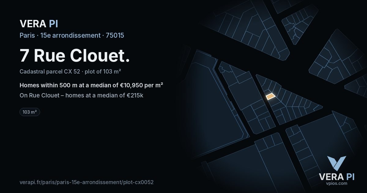 7 Rue Clouet, 15e arrondissement at night – the plot lit, the parcels around coloured by the prices near them