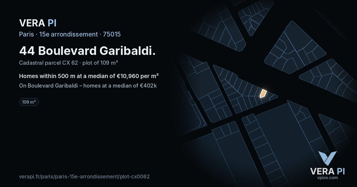 44 Boulevard Garibaldi, 15e arrondissement at night – the plot lit, the parcels around coloured by the prices near them