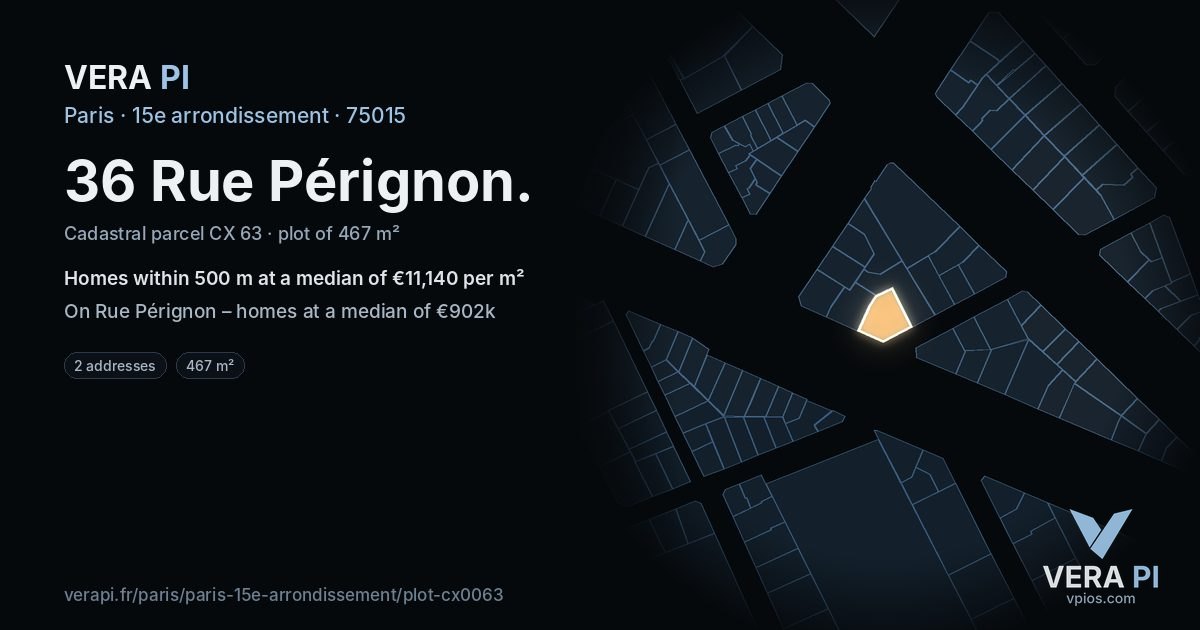 36 Rue Pérignon, 15e arrondissement at night – the plot lit, the parcels around coloured by the prices near them