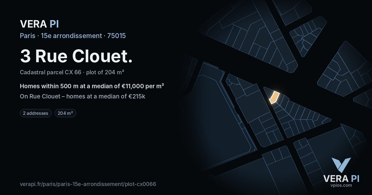 3 Rue Clouet, 15e arrondissement at night – the plot lit, the parcels around coloured by the prices near them