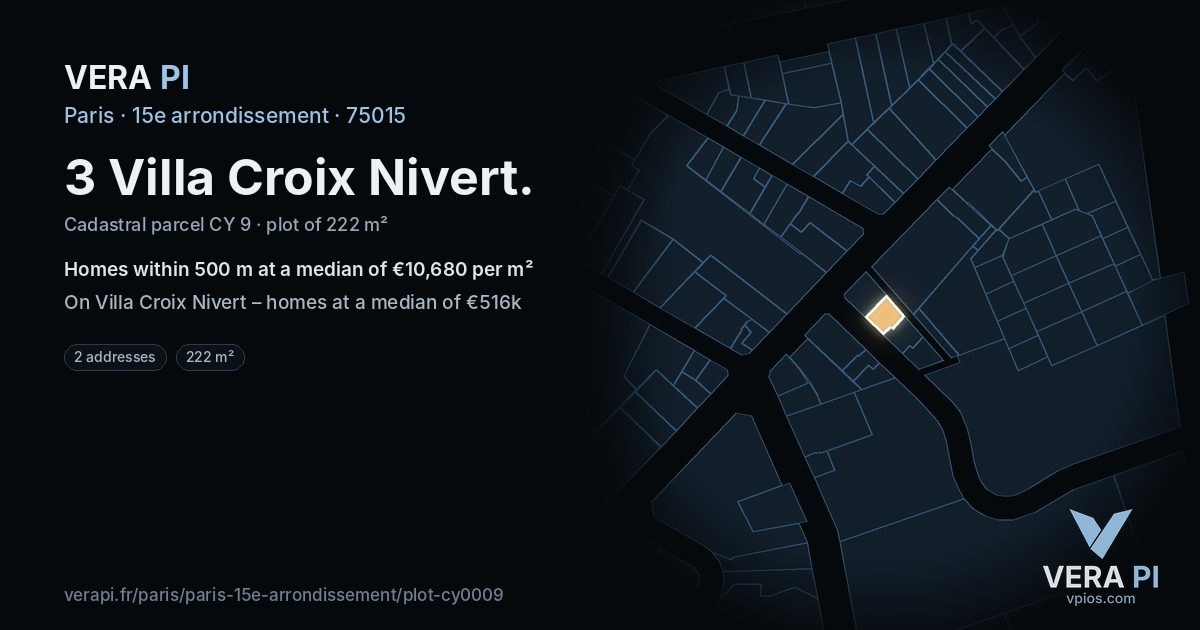 3 Villa Croix Nivert, 15e arrondissement at night – the plot lit, the parcels around coloured by the prices near them