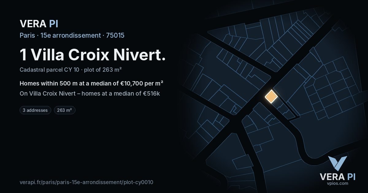 1 Villa Croix Nivert, 15e arrondissement at night – the plot lit, the parcels around coloured by the prices near them