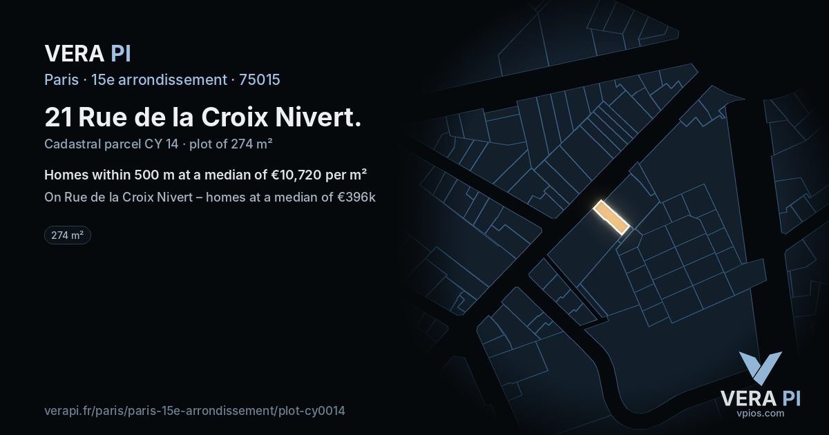 21 Rue de la Croix Nivert, 15e arrondissement at night – the plot lit, the parcels around coloured by the prices near them