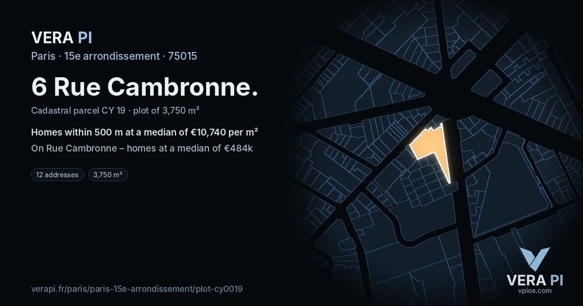 6 Rue Cambronne, 15e arrondissement at night – the plot lit, the parcels around coloured by the prices near them