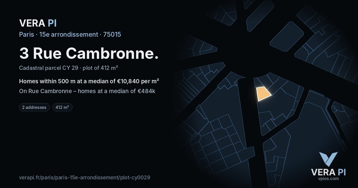 3 Rue Cambronne, 15e arrondissement at night – the plot lit, the parcels around coloured by the prices near them