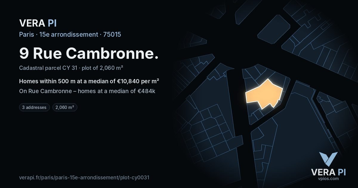 9 Rue Cambronne, 15e arrondissement at night – the plot lit, the parcels around coloured by the prices near them
