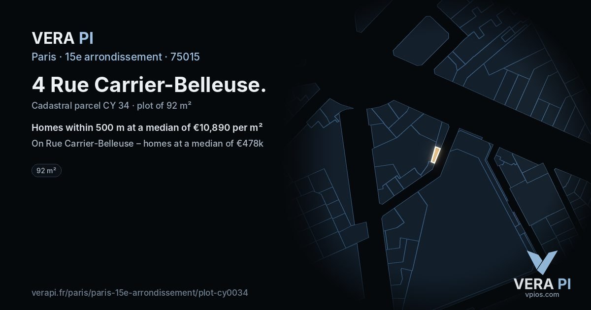4 Rue Carrier-Belleuse, 15e arrondissement at night – the plot lit, the parcels around coloured by the prices near them