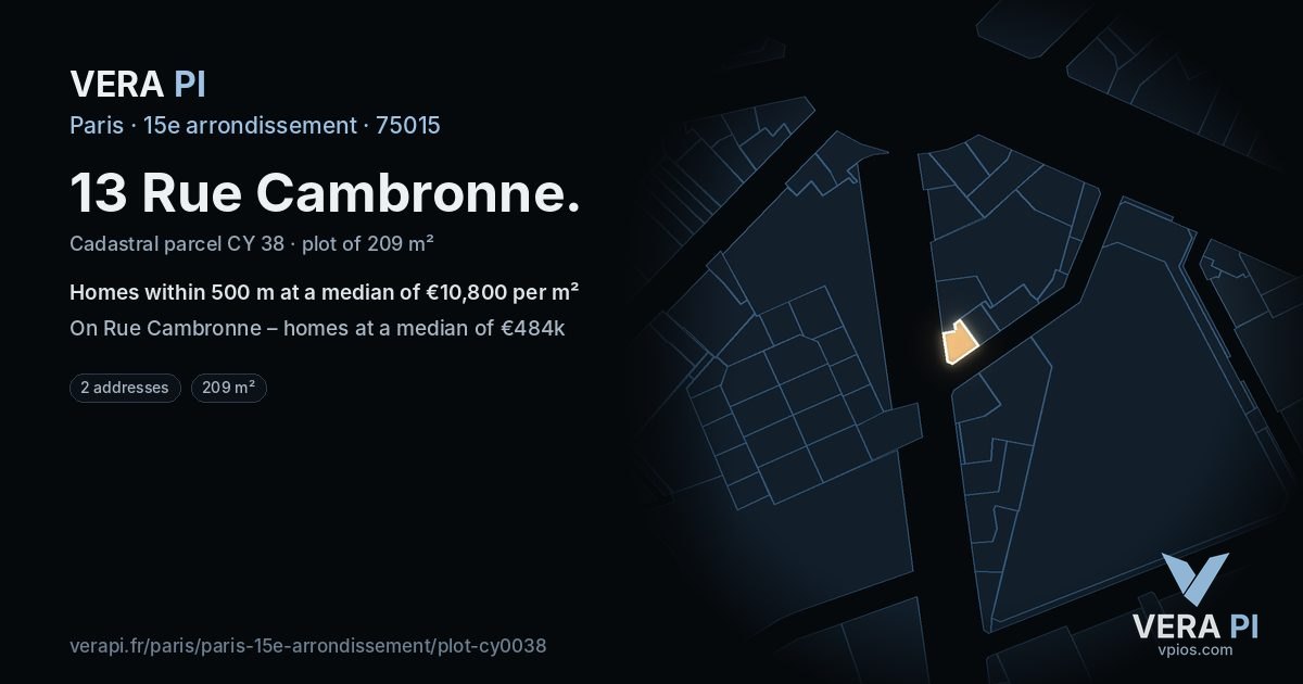 13 Rue Cambronne, 15e arrondissement at night – the plot lit, the parcels around coloured by the prices near them